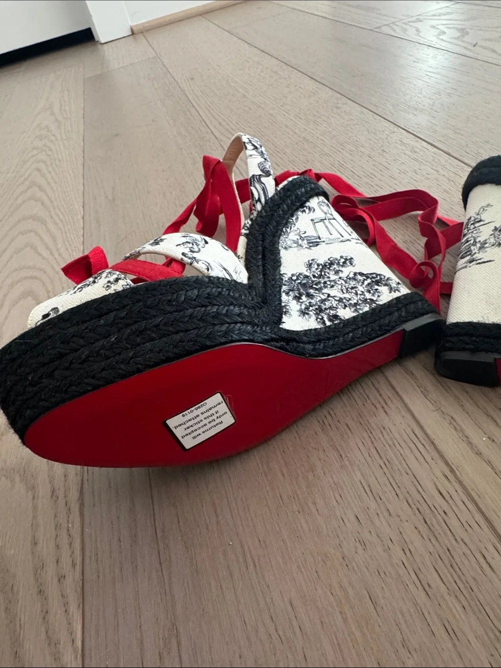 Christian Louboutin Black & White Toile Espadrille Wedges with Red Ribbon